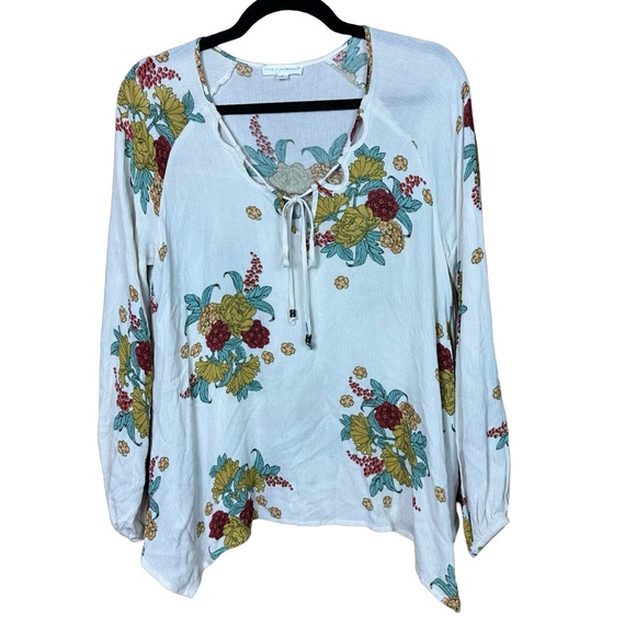Coco + Jaimeson Cream Floral Print Fall Tassel Scoop Neck Asymmetrical Blouse S - Picture 1 of 10